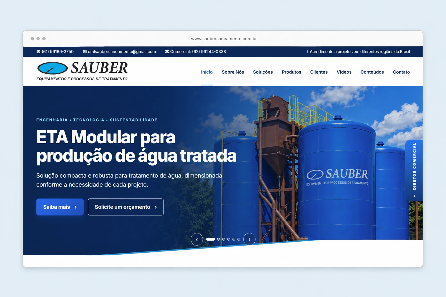 Mockup do layout do site Sauber Saneamento, com o projeto ETA Modular